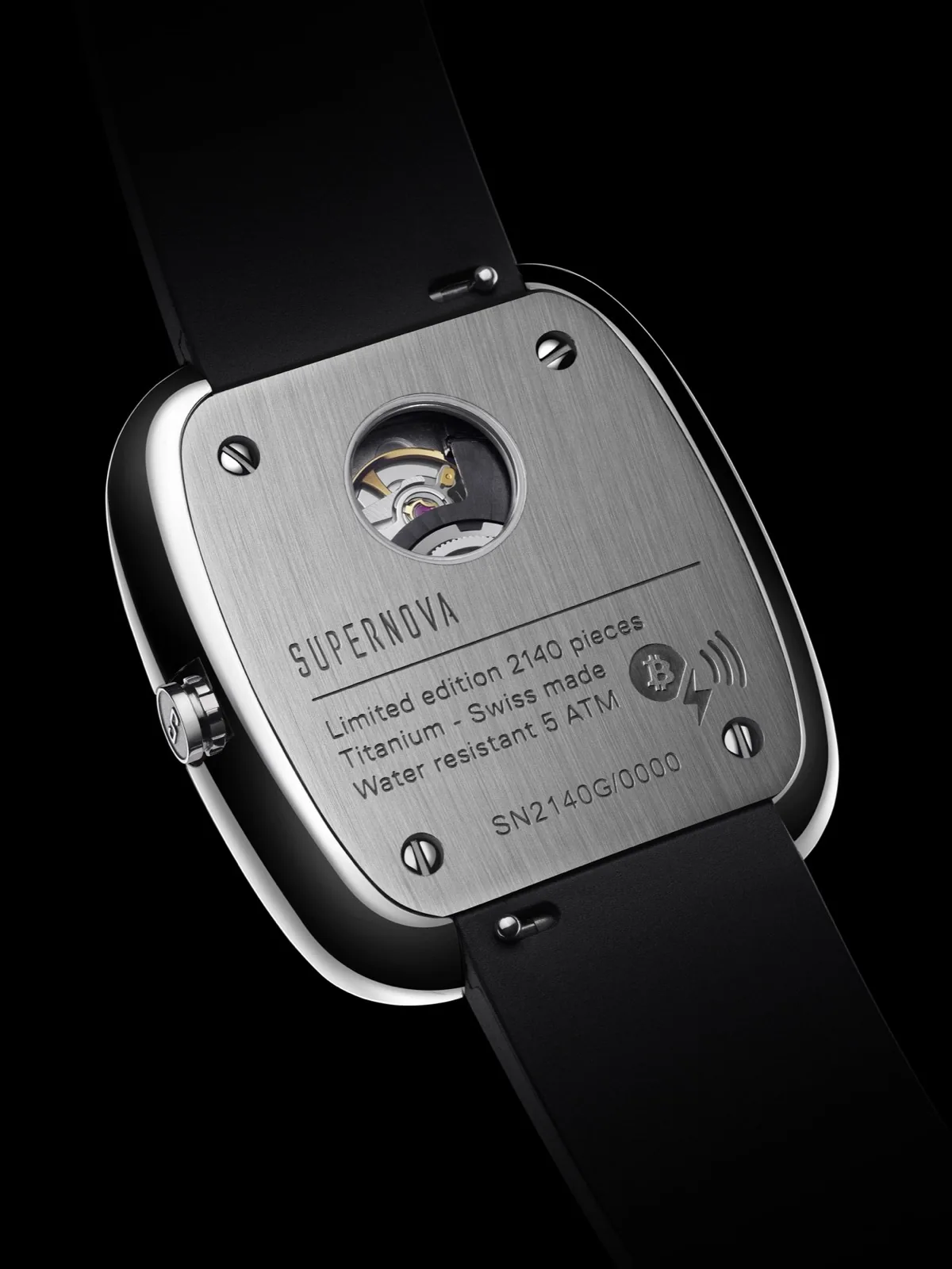 The SN 2140 caseback, showing the movement through its sapphire window